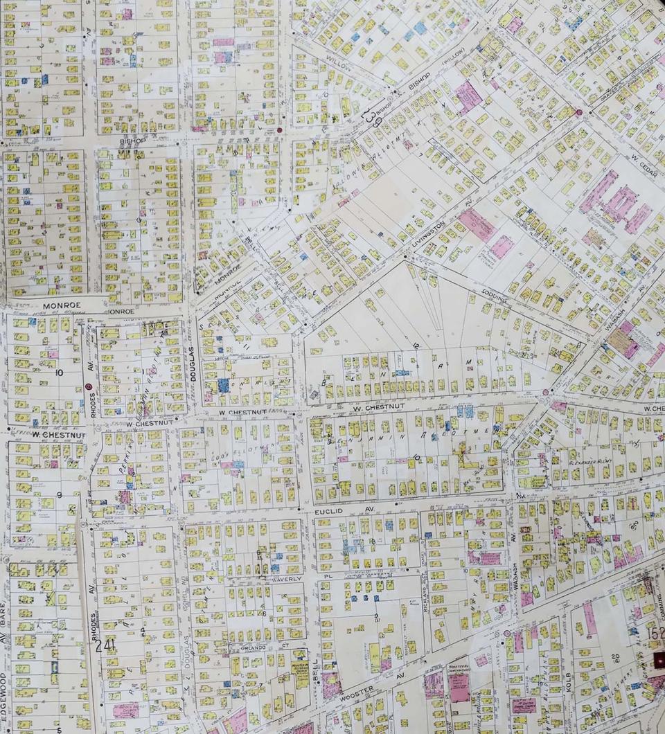 A Sanborn map from the 1930s shows some of the homes and businesses that were affected decades later by the Akron Innerbelt construction from West Cedar Street to the northeast to Wooster Avenue to the south.