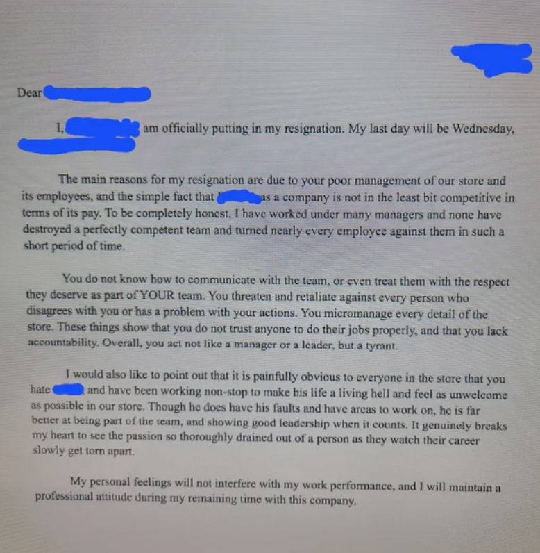 Screenshot of a resignation letter