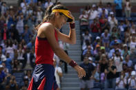 Emma Raducanu, of Great Britain, reacts after defeating Belinda Bencic, of Switzerland, during the quarterfinals of the US Open tennis championships, Wednesday, Sept. 8, 2021, in New York. (AP Photo/Elise Amendola)