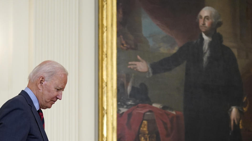 FILE - President Joe Biden leaves after speaking about the coronavirus pandemic in the East Room of the White House in Washington, on Aug. 3, 2021. (AP Photo/Susan Walsh, File)