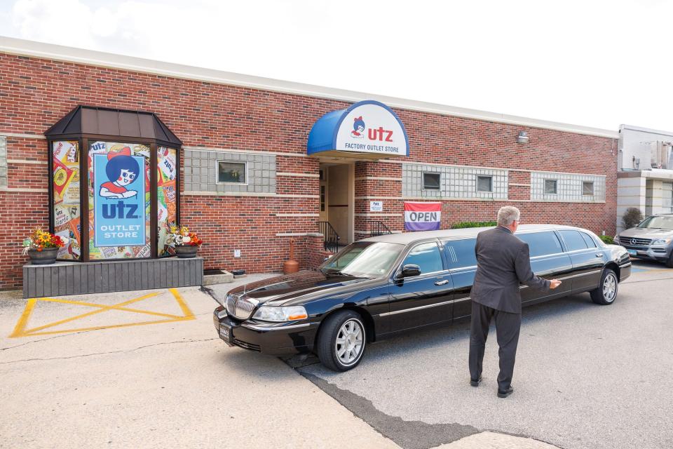 A limo arrives to drop the Scheler family off for a shopping spree at the Utz Factory Outlet, Wednesday, Sept. 20, 2023, in Hanover.