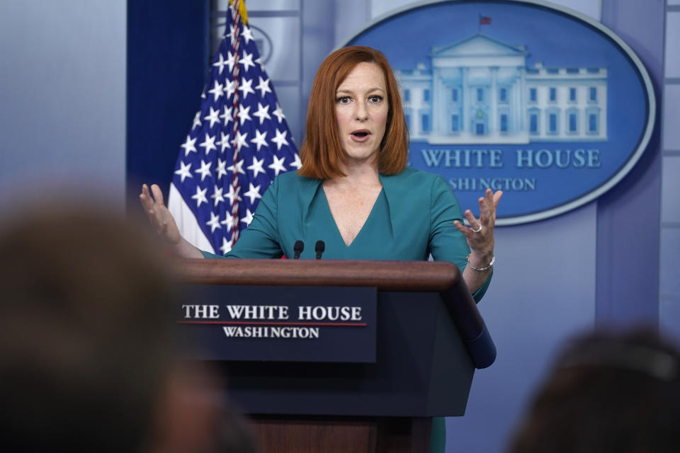 White House press secretary Jen Psaki speaks during a press briefing at the White House, Tuesday, May 25, 2021, in Washington. (AP Photo/Evan Vucci)