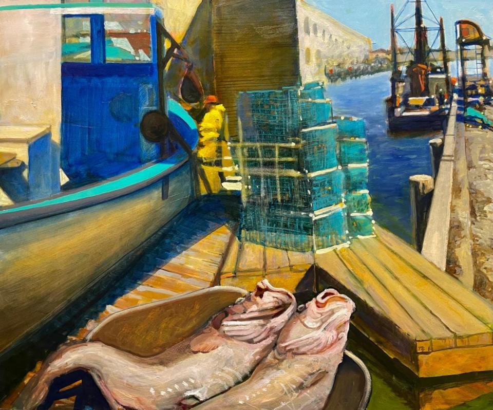 “Two Fish, Portland Pier”, oil on panel by Tom Glover