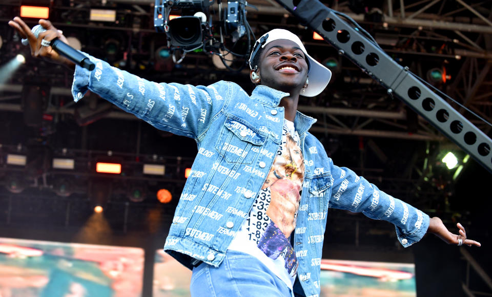 GLASTONBURY, ENGLAND - JUNE 30: Lil Nas X performs with Miley Cyrus on The Pyramid Stage during day five of Glastonbury Festival at Worthy Farm, Pilton on June 30, 2019 in Glastonbury, England. (Photo by Shirlaine Forrest/WireImage)