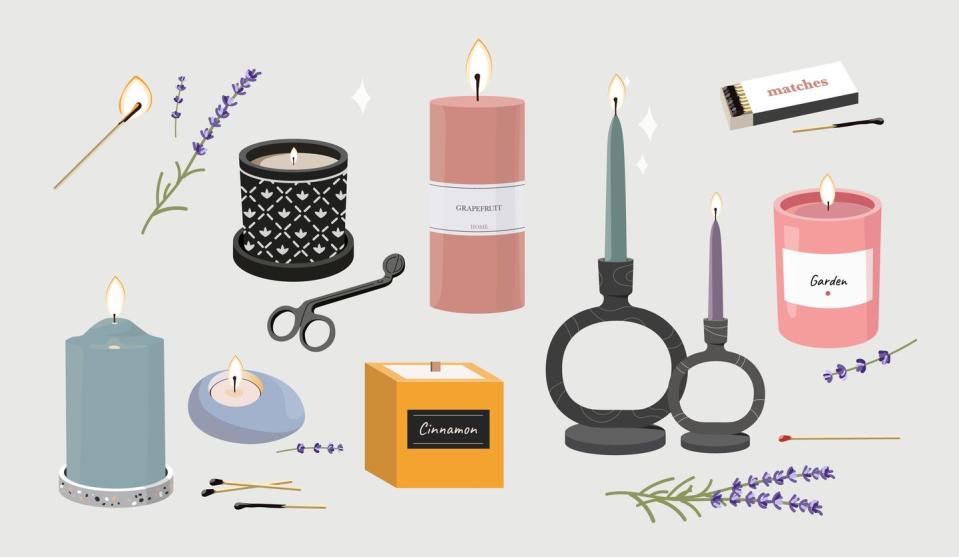 collection of burning trendy candles different sizes and shapes with branches of cotton decorative wax candles for aromatherapy and relax set of isolated flat cartoon vector illustrations