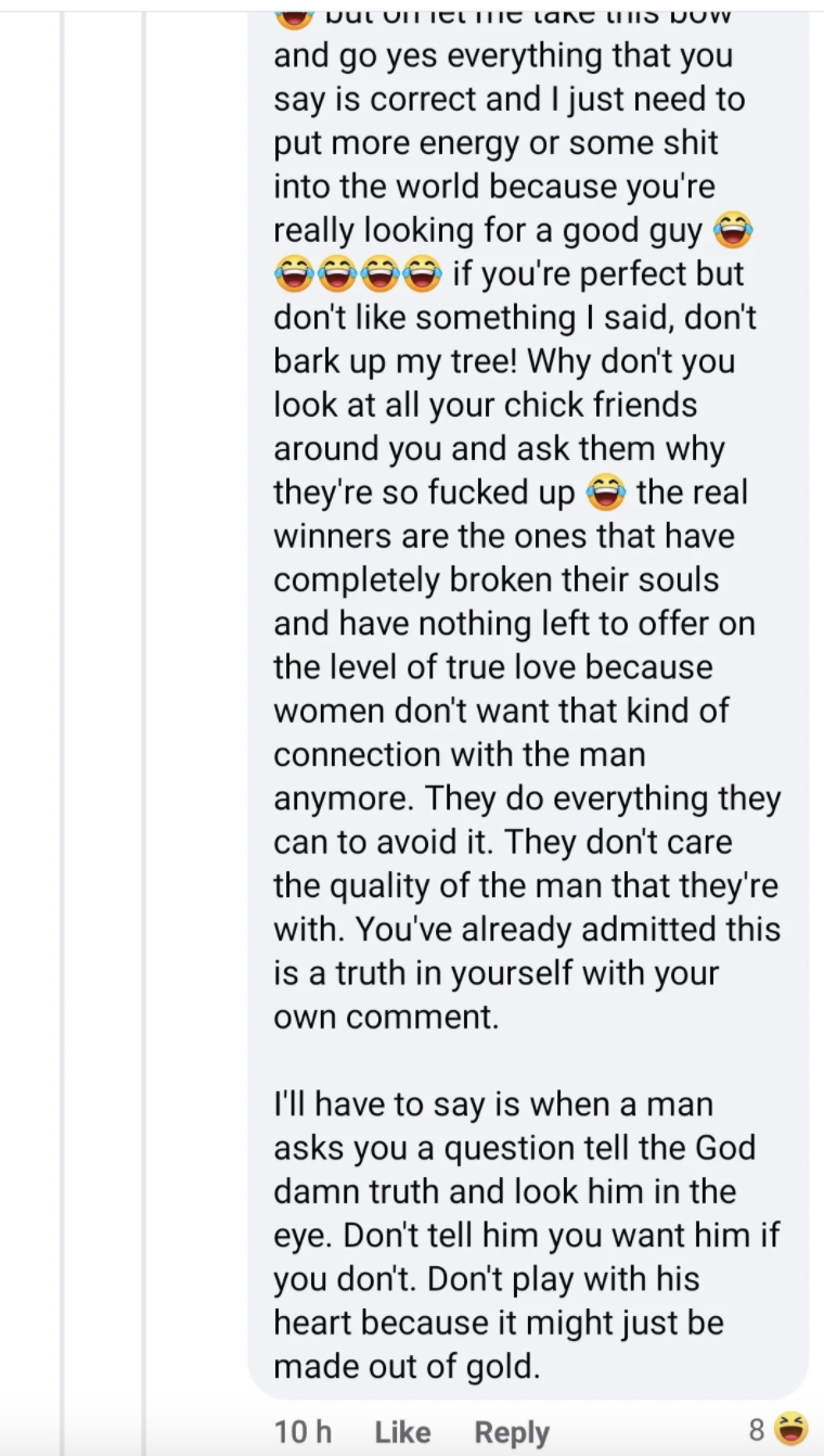 "Nice guy:" "When a man asks you a question tell the God damn truth and look him in the eye. Don't tell him you want him if you don't"