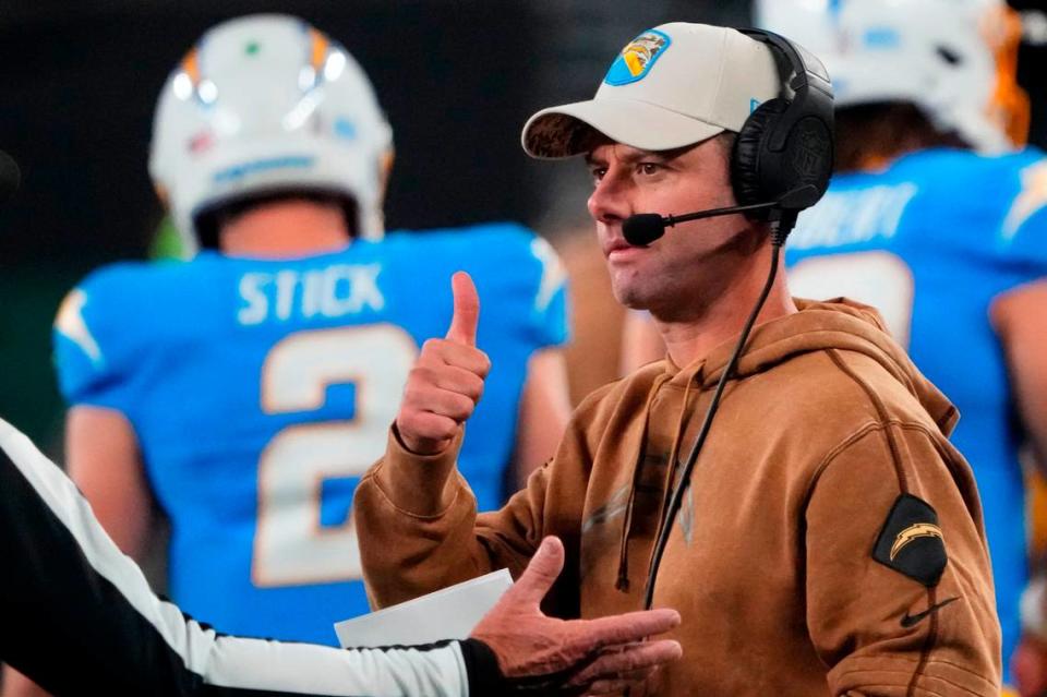 Nov 6, 2023; East Rutherford, New Jersey, USA; Los Angeles Chargers head coach Brandon Staley gestures against the New York Jets during a football game at MetLife Stadium. Mandatory Credit: Robert Deutsch-USA TODAY Sports