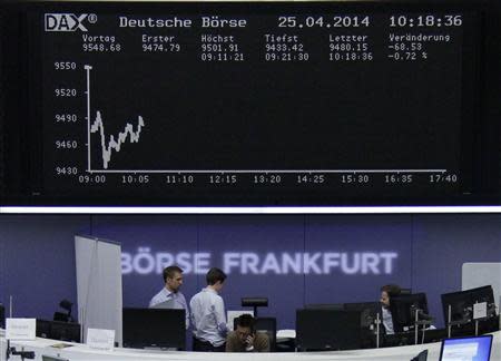 The curve of the German share price index DAX board is pictured at the Frankfurt stock exchange April 25, 2014. REUTERS/Remote/Stringer