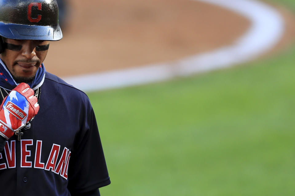 Cleveland Indians' Francisco Lindor (12) during a baseball game against the Cincinnati Reds in Cincinnati, Tuesday, Aug. 4, 2020. The Indians won 4-2. (AP Photo/Aaron Doster)