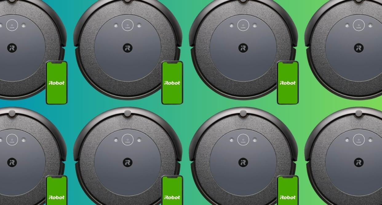 the Amazon iRobot Roomba and phone with the iRobot app all over the page