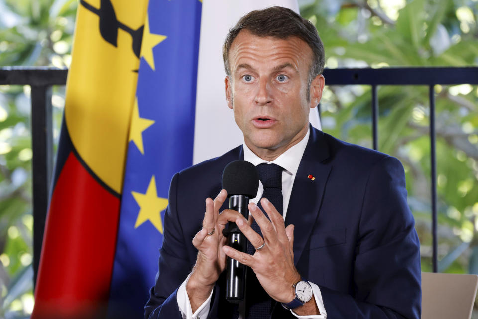 French President Emmanuel Macron speaks during a meeting with New Caledonia's elected officials at the French High Commissioner Louis Le Franc's residence in Noumea, New Caledonia, Thursday, May 23, 2024. Macron has landed in riot-hit New Caledonia, having crossed the globe by plane from Paris in a high-profile show of support for the French Pacific archipelago wracked by deadly unrest and where indigenous people have long sought independence from France. (Ludovic Marin/Pool Photo via AP)