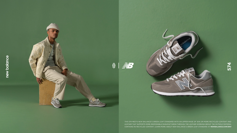 A gray New Balance 574 that meets the brand’s Green Leaf Standard. - Credit: Courtesy of New Balance