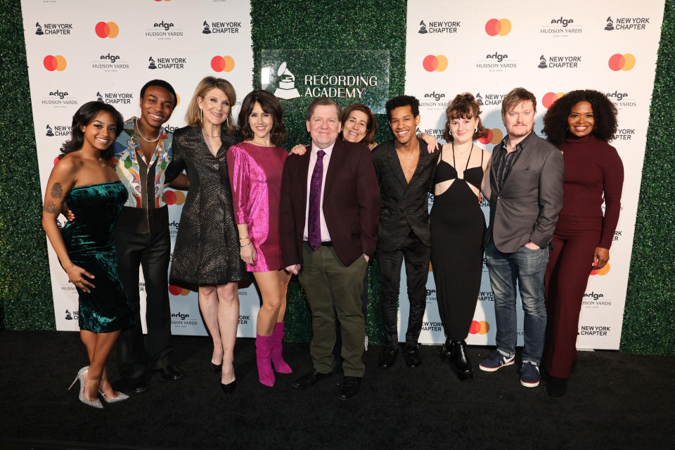 NEW YORK, NEW YORK - JANUARY 22: (L-R) Olivia Elease Hardy, Fernell Hogan, Victoria Clark, Alli Mauzey, David Lindsay-Abaire, guest, Justin Cooley, guest, Steven Boyer and guest attend the New York Chapter 2024 Nominee Celebration at Edge at Hudson Yards on January 22, 2024 in New York City. (Photo by Cindy Ord/Getty Images for The Recording Academy)