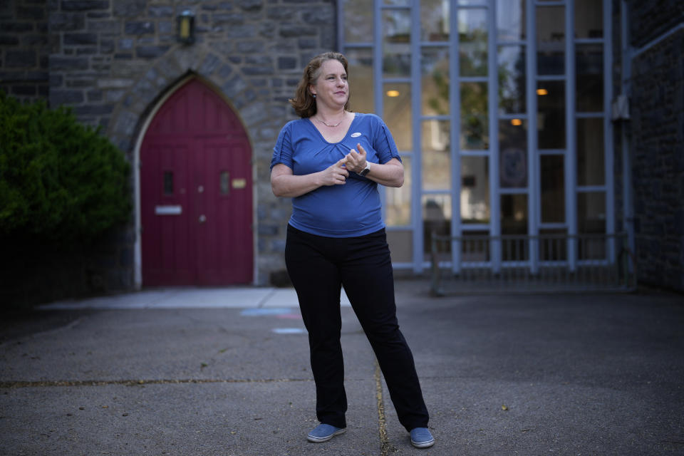 Heather Boyd, Democratic candidate for Pennsylvania House of Representatives, stands outside her polling place, Christ's Community Church, after voting, Tuesday, May 16, 2023, in Drexel Hill, Pa. (AP Photo/Matt Slocum)