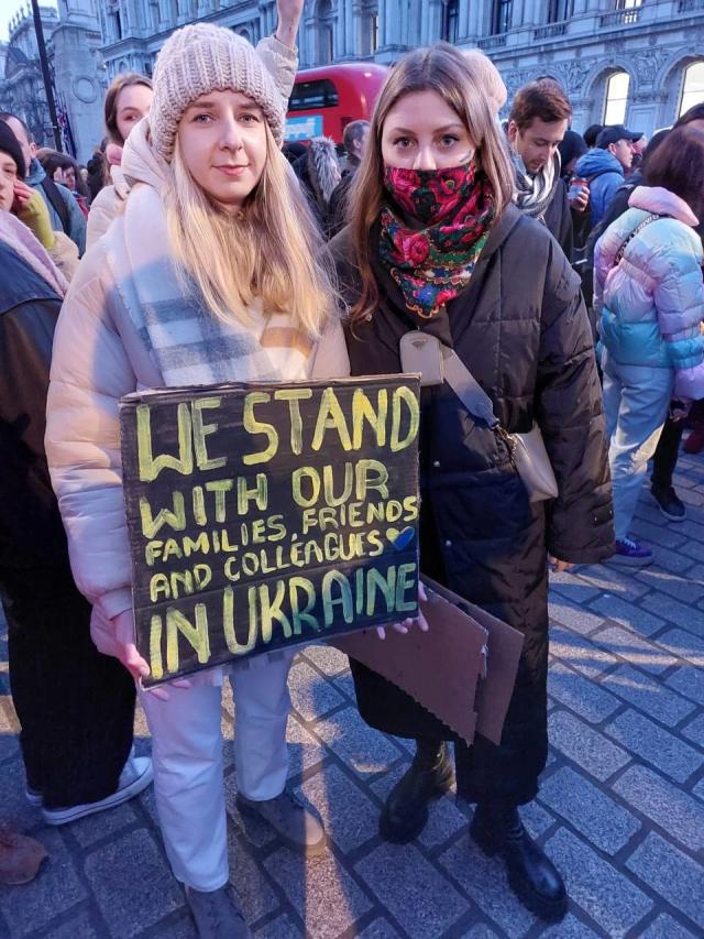 Valeriia and her friend Viktoria at a protest at 10 Downing Street in London to call on the world to stand with Ukraine, on Feb. 24, 2022.<span class="copyright">Courtesy Valeriia Voshchevska</span>
