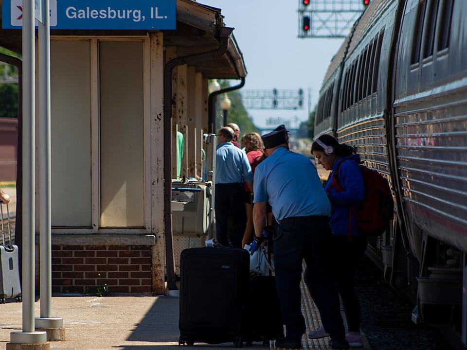 Travelers depart the Carl Sandburg train at the Galesburg Amtrak Depot on Saturday, June 18, 2022/