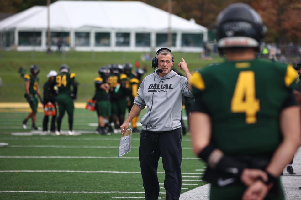 Delaware Valley head football coach Duke Greco walks the sideline during a 2023 game.