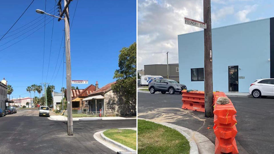 Newcastle council left a power pole in the middle of the road and then tried to say vandals stole the barriers. Source: Facebook - Street FX Motorsport and Graphics /  Traffic and Community Updates - Australia.