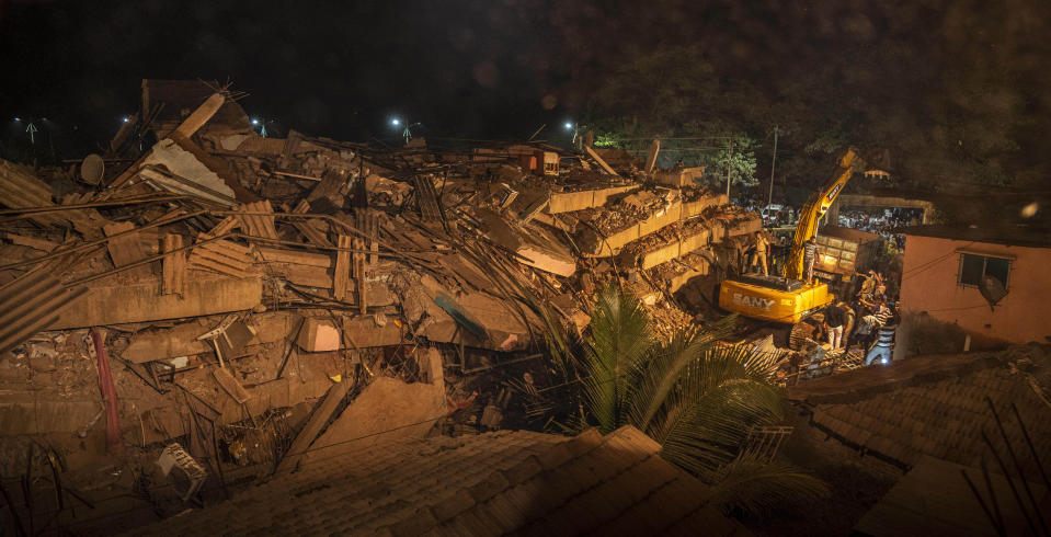 Debris after a five-story building is seen after it collapsed as rescue workers search for survivors continue in Mahad of Raigad district in the western state of Maharashtra, India on August 24, 2020. (Photo by Imtiyaz Shaikh/Anadolu Agency via Getty Images)