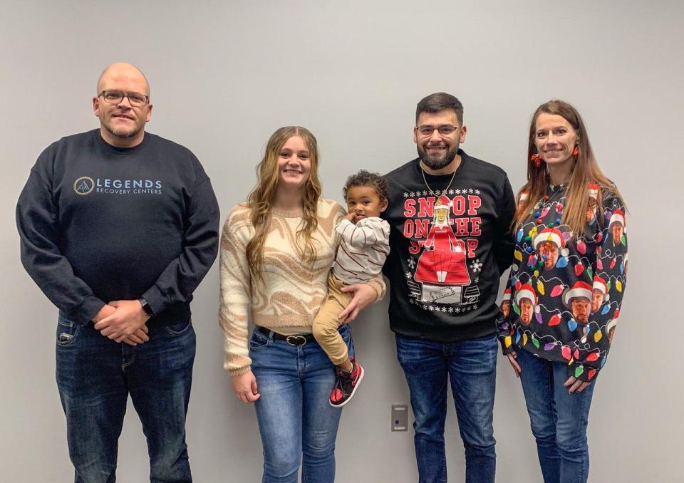 Zoe Harmon was once a client at Legends Recovery Center in Green Springs. Today, she is an employee who helps other people beginning their recovery journey. With her are, from left, Legends Recovery Center Executive Director, Nate Kehlmeier; Harmon; Director of Operations Cory Delgado; and Legends HR Director Kelly Edwards.