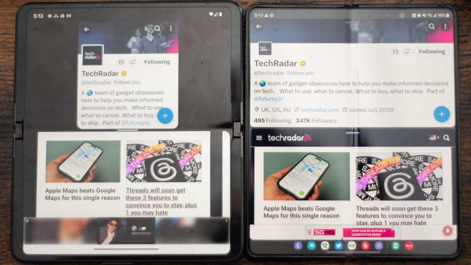 Samsung Galaxy Z Fold 4 and Google Pixel Fold showing differences between apps on each phone including Twitter and Chrome browser