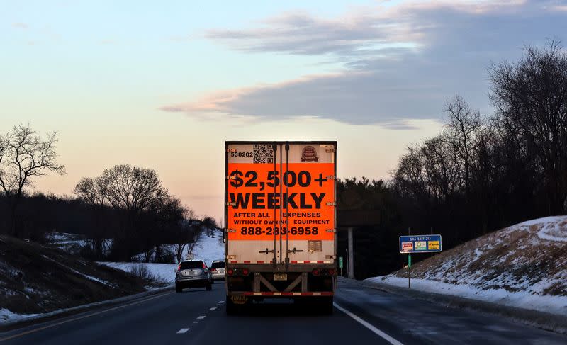 FILE PHOTO: A tractor trailer advertising job opportunities drives south on Route 81 in Virginia