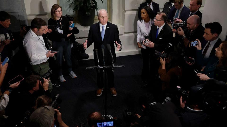 PHOTO: House Majority Leader Steve Scalise speaks to reporters as he leaves a House Republican caucus meeting at the Capitol, Oct. 12, 2023. (Chip Somodevilla/Getty Images)