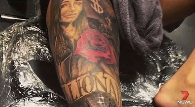 Mr Mehajer's tattoo of wife Aysha on his leg. Source: 7News