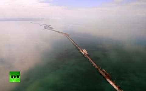 The Crimean Bridge, at 19 kilometres (nearly 12 miles) will be Europe's longest, overtaking Lisbon's Vasco da Gama Bridge - Credit: Screengrab from RT