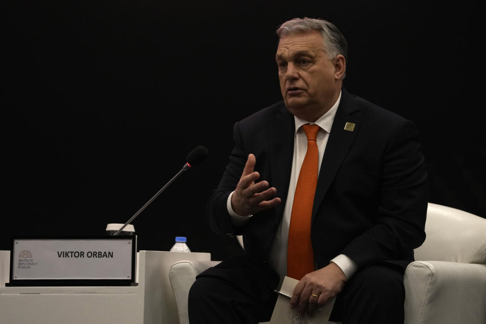 Hungarian Prime Minister Viktor Orban, speaks in a panel at the Antalya Diplomacy Forum in Antalya, Turkey, Friday, March 1, 2024. (AP Photo/Khalil Hamra)