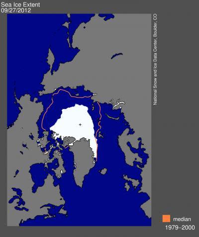 The orange line shows the median area the ice covered in late September from 1979 through 2000. The white area indicates the area covered in ice in late September this year.