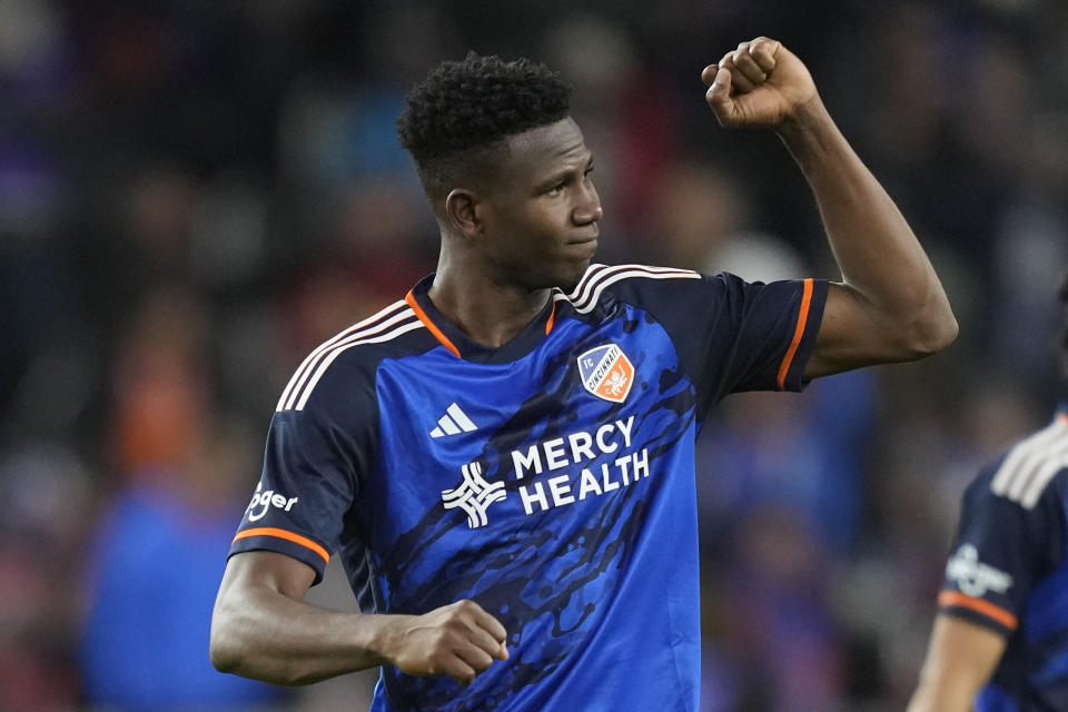 FC Cincinnati defender Yerson Mosquera celebrates after scoring against the Philadelphia Union during the second half of an MLS Eastern Conference semifinal soccer match Saturday, Nov. 25, 2023, in Cincinnati. Cincinnati won 1-0. (AP Photo/Carolyn Kaster)