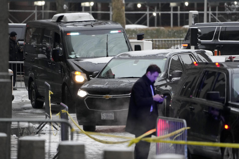 Former President Donald Trump's motorcade arrives at Manhattan federal court, Tuesday, Jan. 16, 2024, in New York. Trump plans to attend the penalty phase of a New York civil defamation trial stemming from a columnist's claims he sexually attacked her in a department store dressing room in the 1990s. (AP Photo/Seth Wenig)