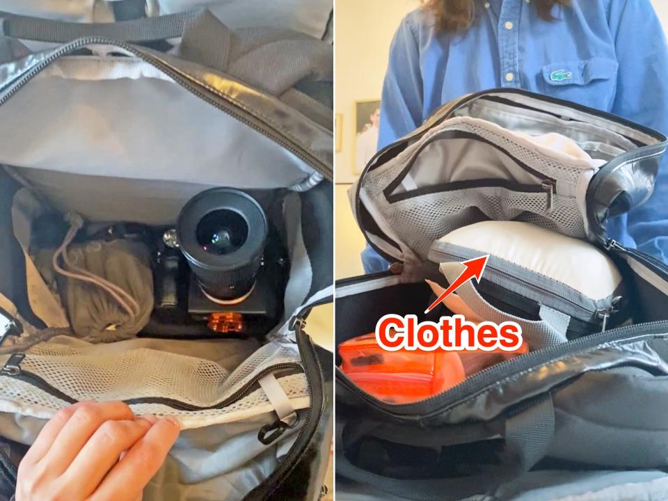 Left image: a close up of the author's unzipped backpack with her hand holding it open on the bottom. Inside, the lining is gray, and theres a black camera next to a gray bag of chargers in vision. Right image: The author's unzipped backpack shows the orange bag of liquids and a beige packing cube with a red arrow pointing at it with the word "clothes" in red letters beneath it. Above the bag is the author's torso in a blue button-down shirt.