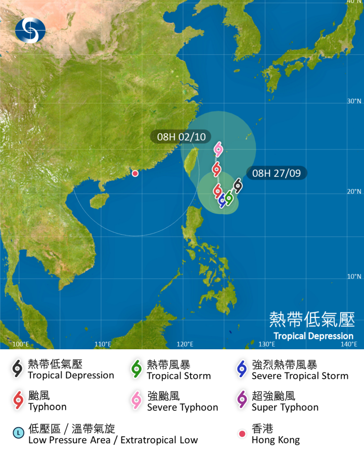 熱帶低氣壓 在香港時間 2024 年 09 月 27 日 08 時的最新資料；位置:  北緯 20.9 度，東經 126.7 度 (即香港以東約 1310 公里)；中心附近最高持續風速:  每小時 45 公里。位於呂宋海峽以東的熱帶氣旋，會在未來兩三日在該區徘徊並逐漸增強，隨後移向台灣至東海一帶。