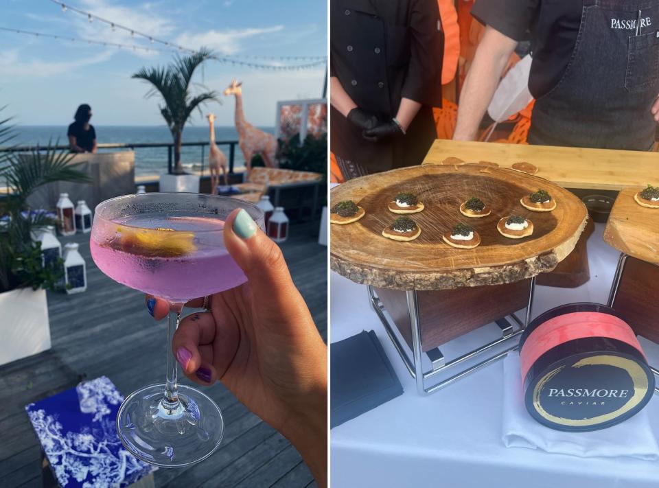 A drink and caviar on pancakes at Gurney's bar in Montauk.