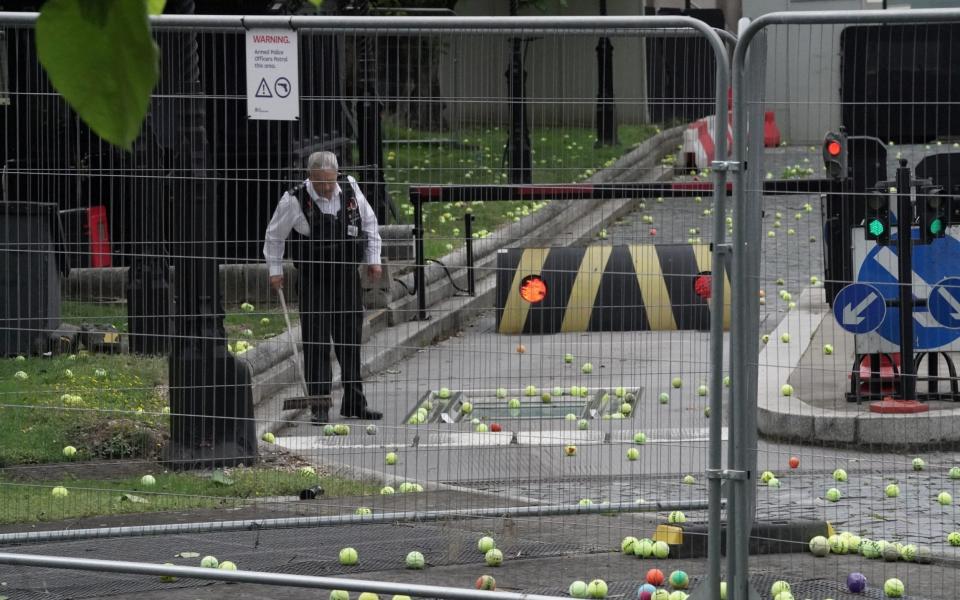 Protesters have hurled tennis balls bearing anti-lockdown messages at Parliament - Aaron Chown/PA Wire
