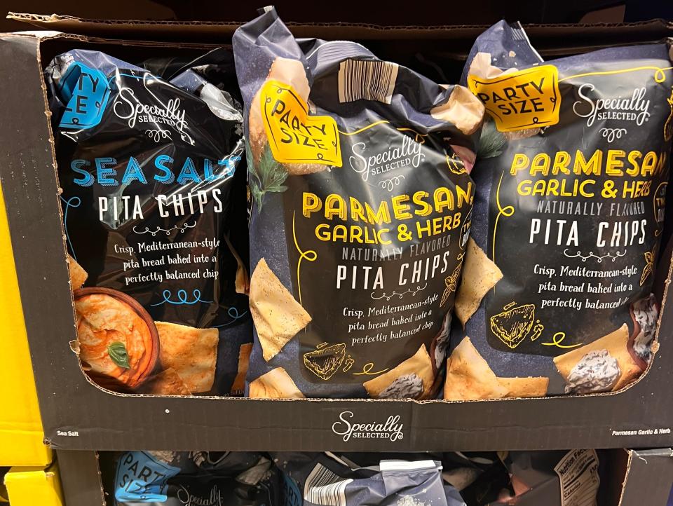 Specially Selected sea-salt and garlic-Parmesan pita chips at Aldi