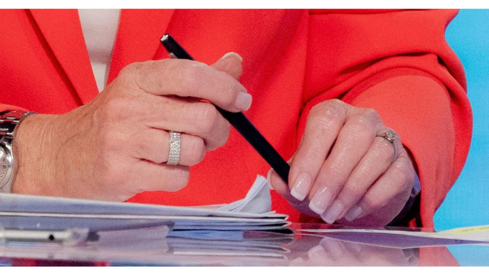 Ruth Langsford's hands wearing rings close up