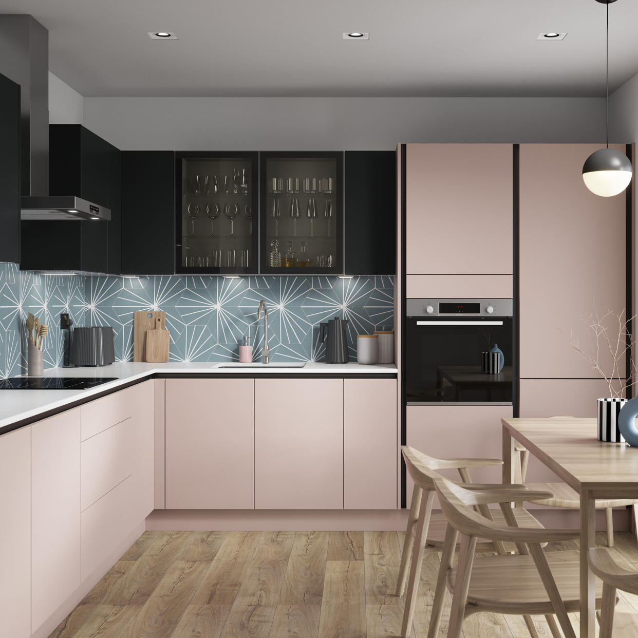  Benchmarx pale pink kitchen with modern handleless doors. 