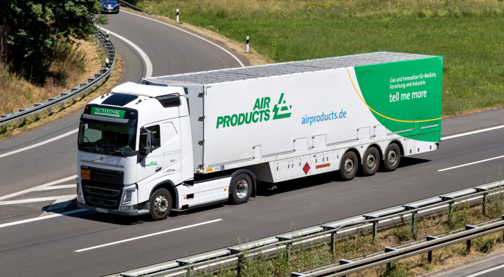 Air Products truck on motorway. APD stock. Hydrogen Stocks