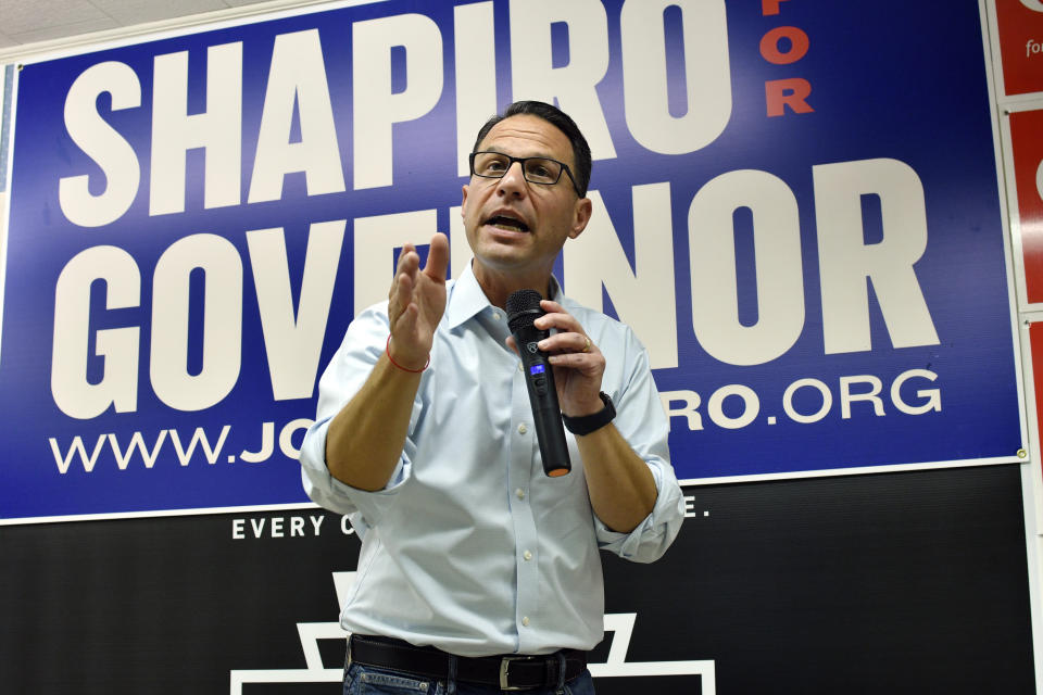 Josh Shapiro, Pennsylvania's Democratic nominee for governor, speaks to the crowd during a campaign event at Adams County Democratic Party headquarters, Sept. 17, 2022, in Gettysburg, Pa. (AP Photo/Marc Levy)