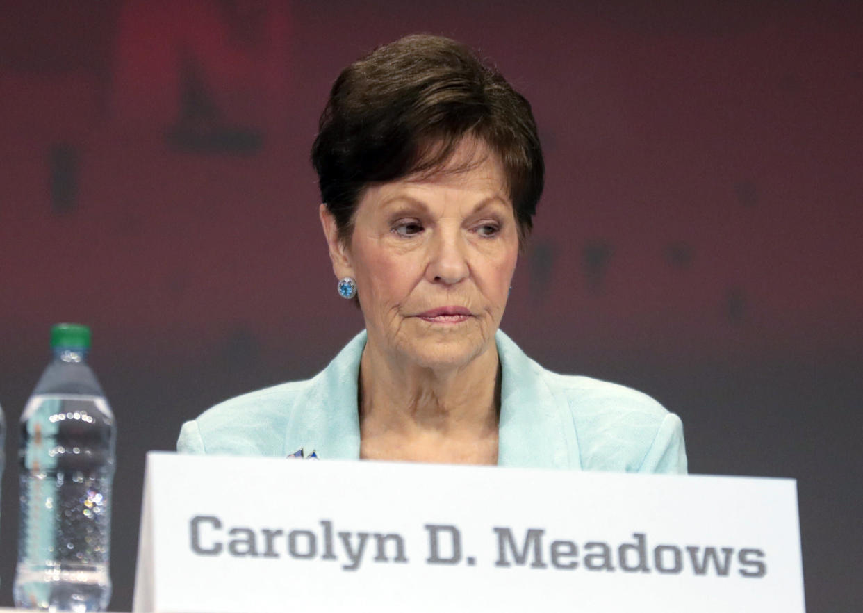 This April 27, 2019, photo shows Carolyn Meadows at the National Rifle Association's annual meeting of members in Indianapolis. Meadows was elected president of the NRA during a board meeting Monday, April 29, 2019. Retired Lt. Col. Oliver North lost a bid for a second term as president of the NRA amid inner turmoil in the gun-rights group. (AP Photo/Michael Conroy)