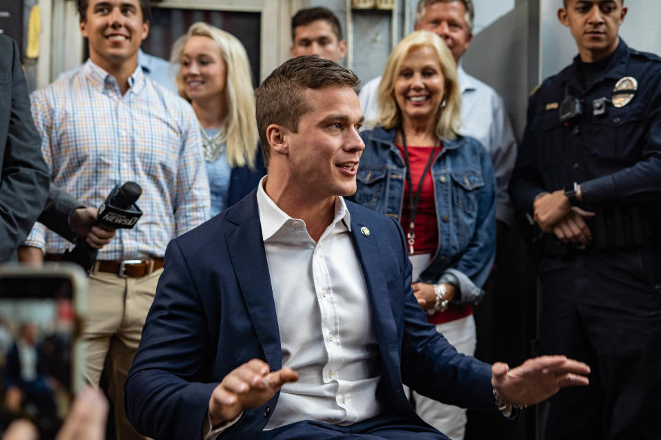 Republican congressman Madison Cawthorn greets supporters at his primary election day watch party in Hendersonville on May 17, 2022.