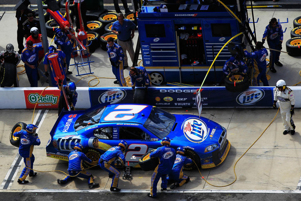 BRISTOL, TN - MARCH 18: Brad Keselowski, driver of the #2 Miller Lite Dodge, pits during the NASCAR Sprint Cup Series Food City 500 at Bristol Motor Speedway on March 18, 2012 in Bristol, Tennessee. (Photo by Chris Trotman/Getty Images)