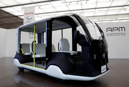 Toyota Motor Corp. displays APM, a mobility vehicle designed expressly for use at the Tokyo 2020 Olympic and Paralympic Games, during a press preview in Tokyo