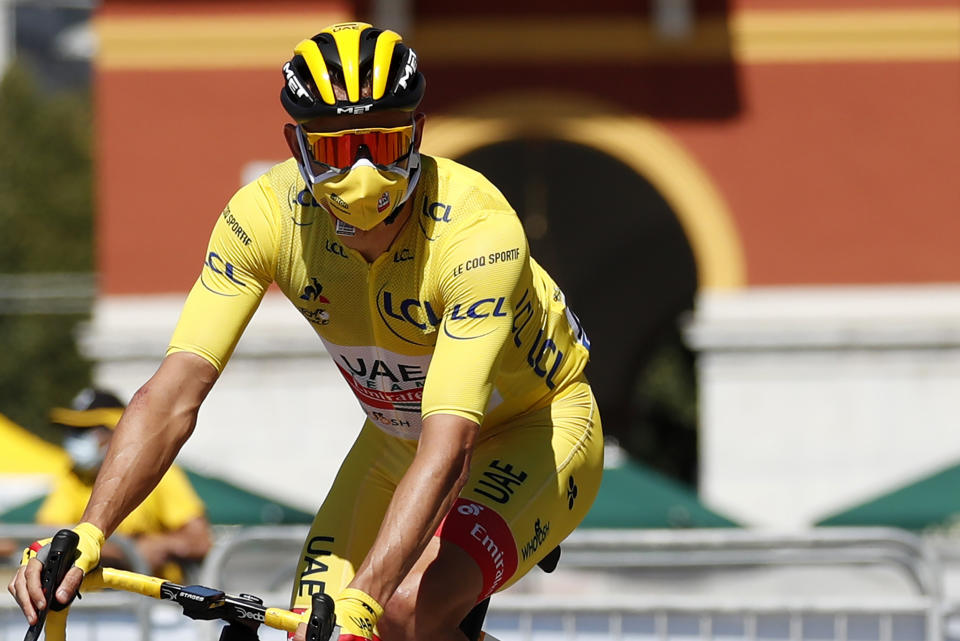 Alexander Kristoff of Norway wearing the overall leader's yellow jersey arrives for the second stage of the Tour de France cycling race over 186 kilometers (115,6 miles) with start and finish in Nice, southern France, Sunday, Aug. 30, 2020. (AP Photo/Thibault Camus)
