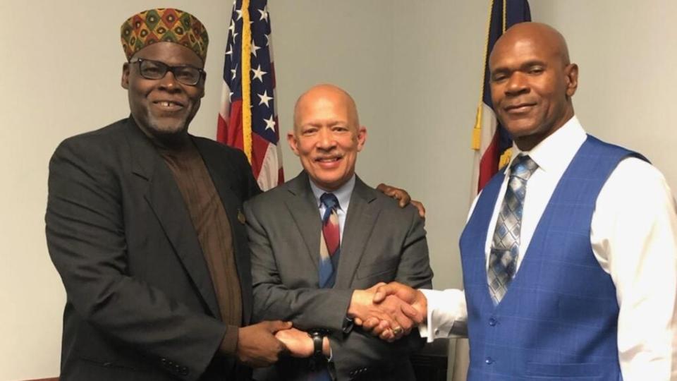 In this 2019 photo, (from left) Stanley Mozee, Dallas County D.A. John Creuzot and Dennis Allen are shown the day Mozee and Allen were declared “actually innocent” from a murder for which they served 15 years in prison. (The Innocence Project)