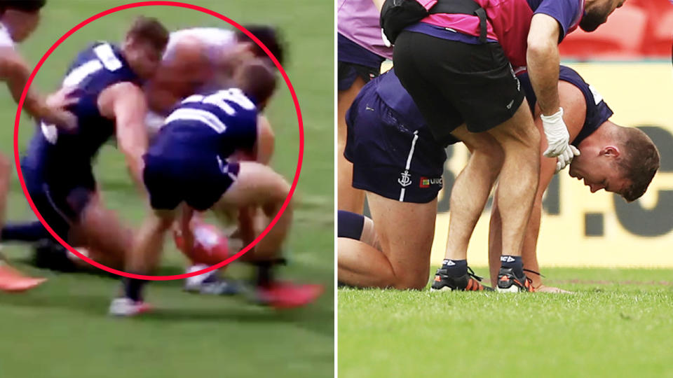 Ben Long, pictured here flattening Sean Darcy in St Kilda's clash with Fremantle.