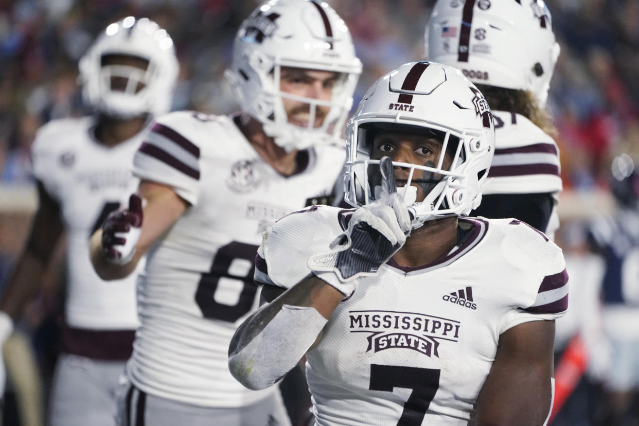 Mississippi State running back Jo'quavious Marks (7) gestures after scoring a touchdown against Mississippi in Oxford, Miss., Thursday, Nov. 24, 2022. (AP Photo/Rogelio V. Solis)